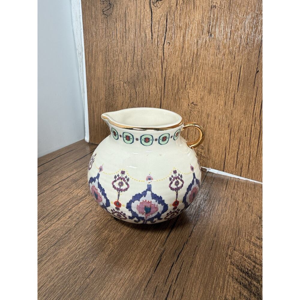ANTHROPOLOGIE Halden Boho w/Gold Trim Small Ceramic Pitcher Jug / Creamer